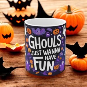 Halloween Decor Mug - Spooky Ceramic Pumpkin Design - Fall Coffee Cup for Halloween Party - Ghouls just wanna have fun mug